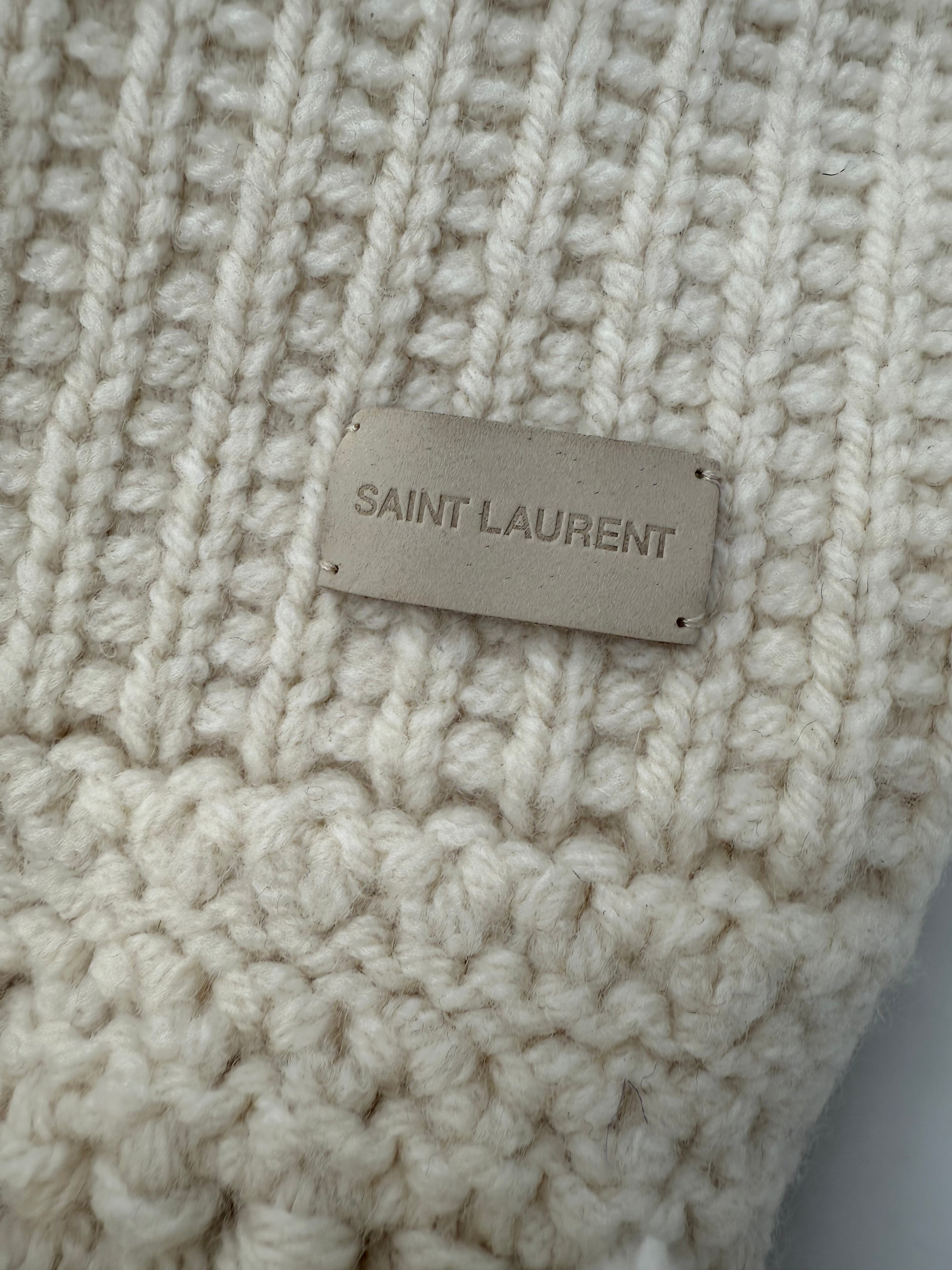 SAINT LAURENT - Sciarpa 100% lana bianco panna intrecciata a mano