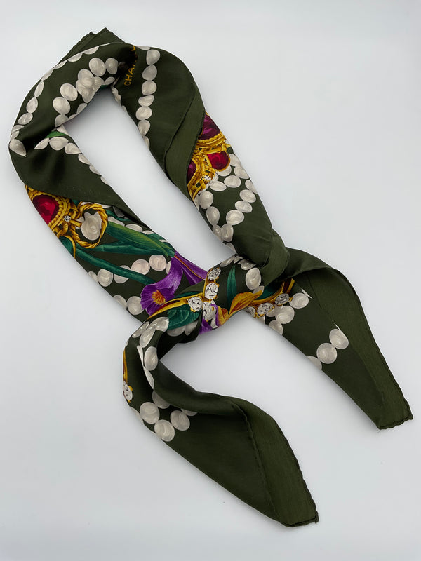 CHANEL - 90cm Black Pearl and Flower Scarf